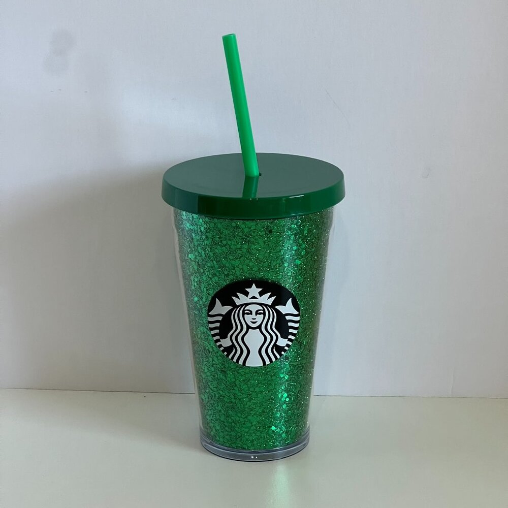Starbucks 2018 Holiday Green Glitter Straw Cold Cup Travel Tumbler 16 oz Acrylic